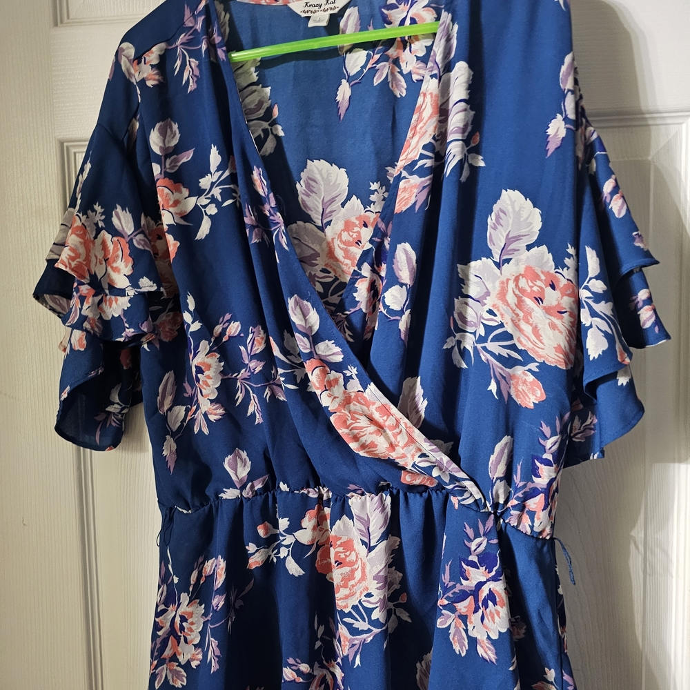 Krazy Kat Blue Dress with Pink and White Floral Design